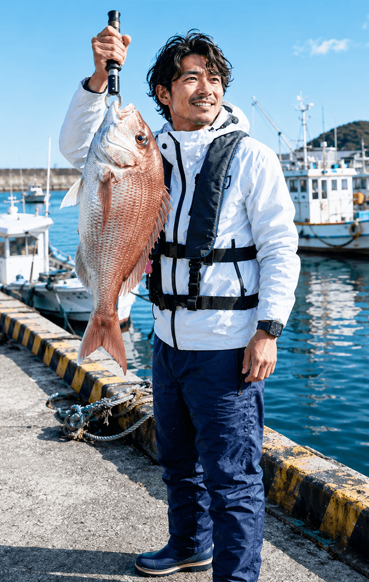 大きな真鯛を釣り上げた釣り人